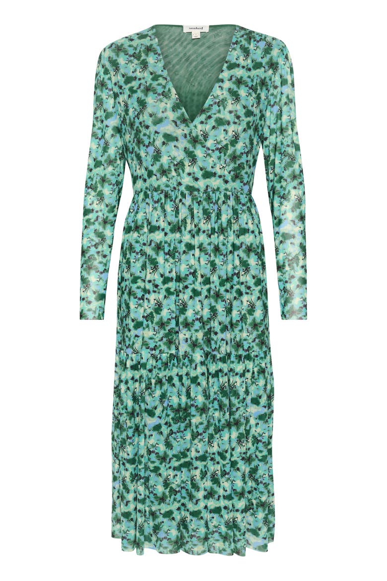 Slaldora V-Neck Mesh Long Sleeve Dress, Alternate, color, Green Brushed Floral