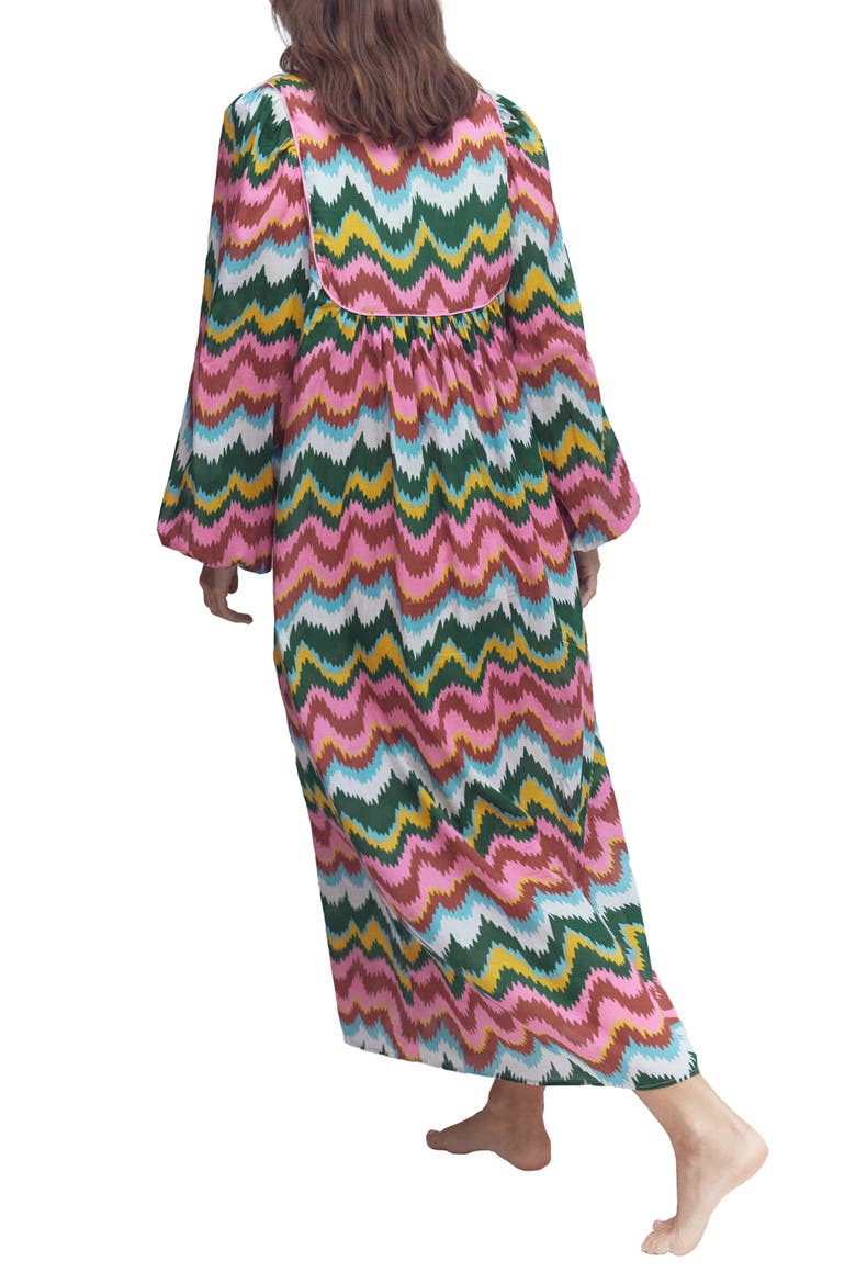 Boho Print Tie Neck Cotton Kaftan Midi Dress, Alternate, color, MULTI, ZIG ZAG WAVE