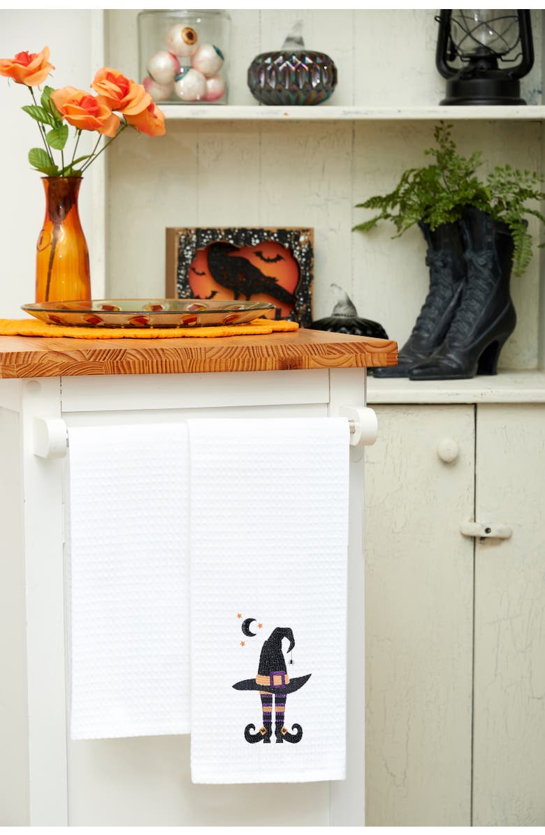 C&F Home Witchy Hat with Waning Crescent Moon Halloween Embroidered Cotton Waffle Weave Dishtowel, Alternate, color, Black