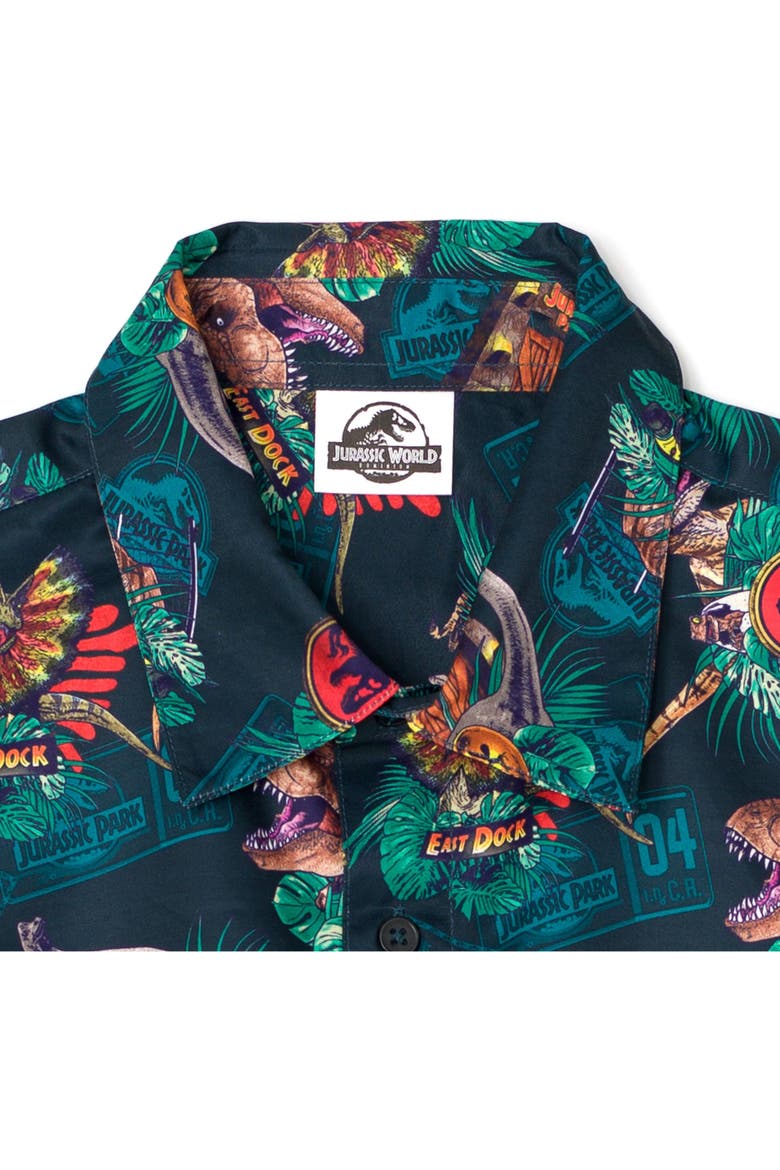 Jurassic Park T-Rex Hawaiian Short Sleeve Button Down Shirt, Alternate, color, Navy Dino Tropical