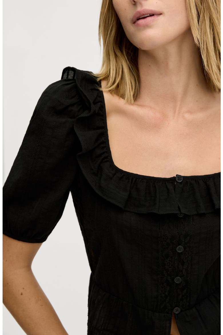 Peasant Peplum Cotton Button-Up Top, Alternate, color, TRUE BLACK