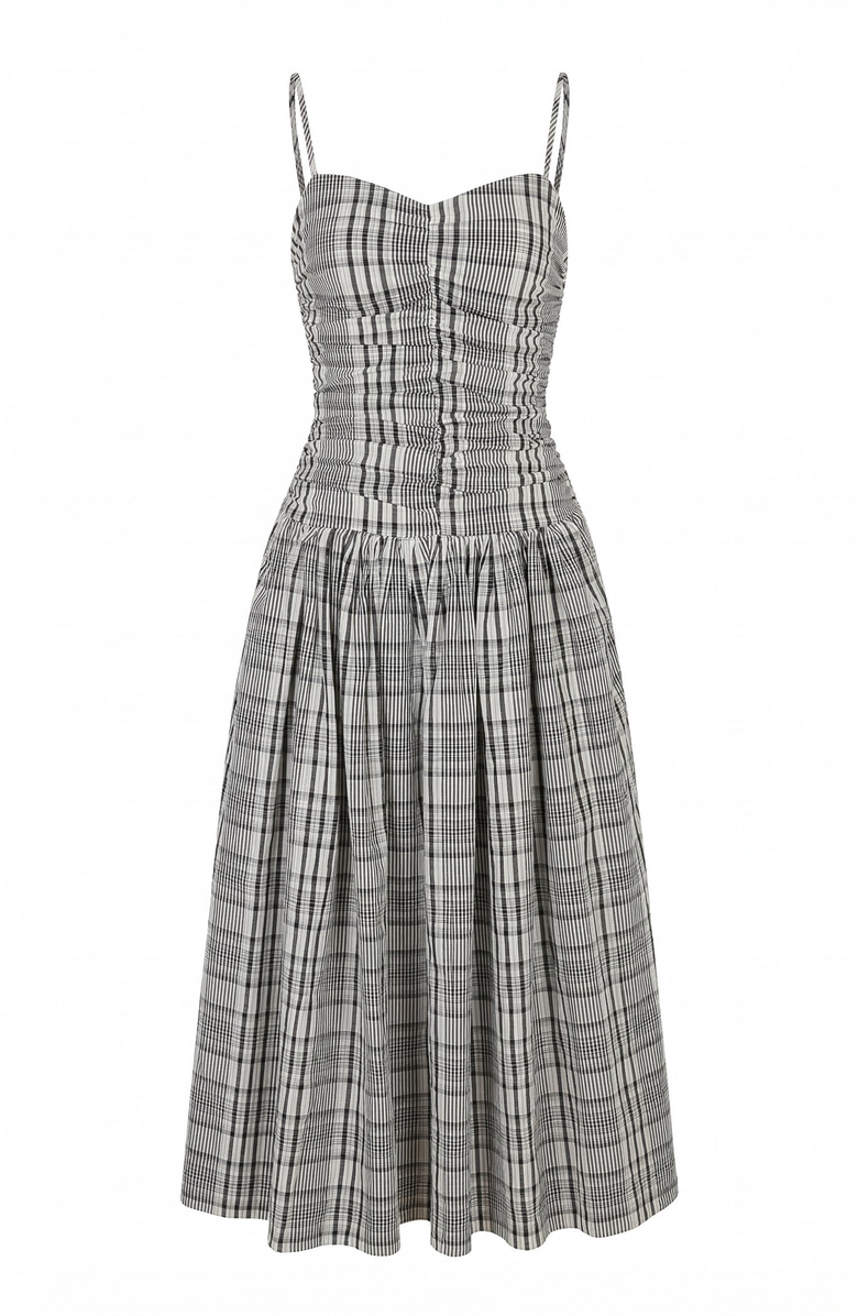 Modenaire Plaid Smocked Bodice Midi Dress, Alternate, color, Charcoal Plaid