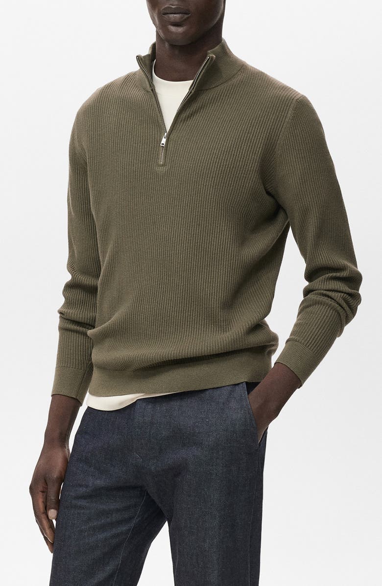 MANGO Rib Quarter Zip Sweater, Main, color, Olive Green