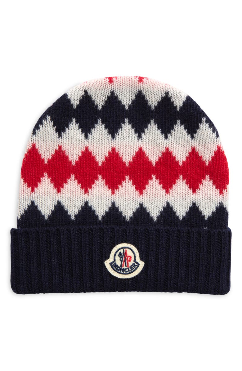 Moncler Logo Diamond Cuff Wool Beanie, Main, color, 