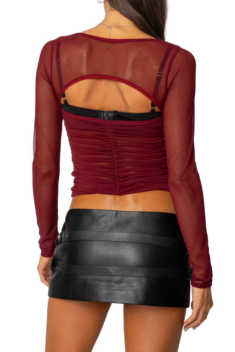 Tristina Semisheer Ruched Cutout Crop Top, Alternate, color, BURGUNDY