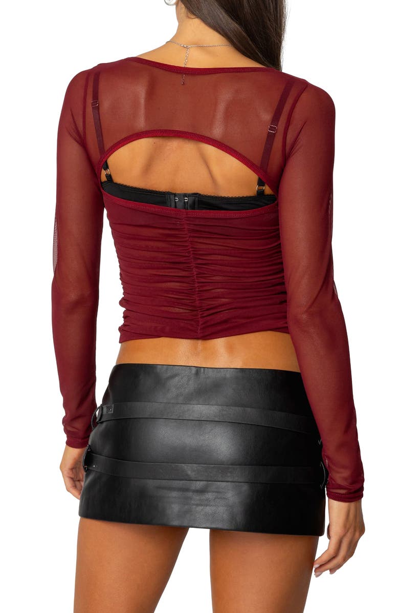 EDIKTED Tristina Semisheer Ruched Cutout Crop Top, Alternate, color, Burgundy