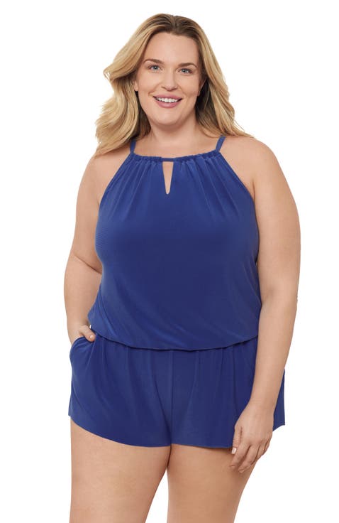 Plus Size Keyhole Blouson Slimming Swimsuit Romper with Pockets