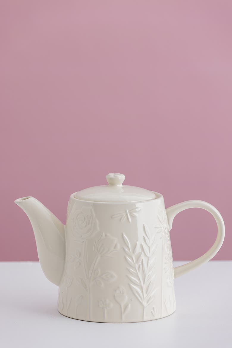 In the Meadow Teapot, 34 fl oz Stoneware Teapot with Embossed Floral Design, Alternate, color, Cream