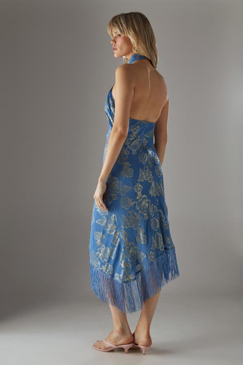 Warehouse Metallic Chiffon Wrap Front Midi Dress In Blue