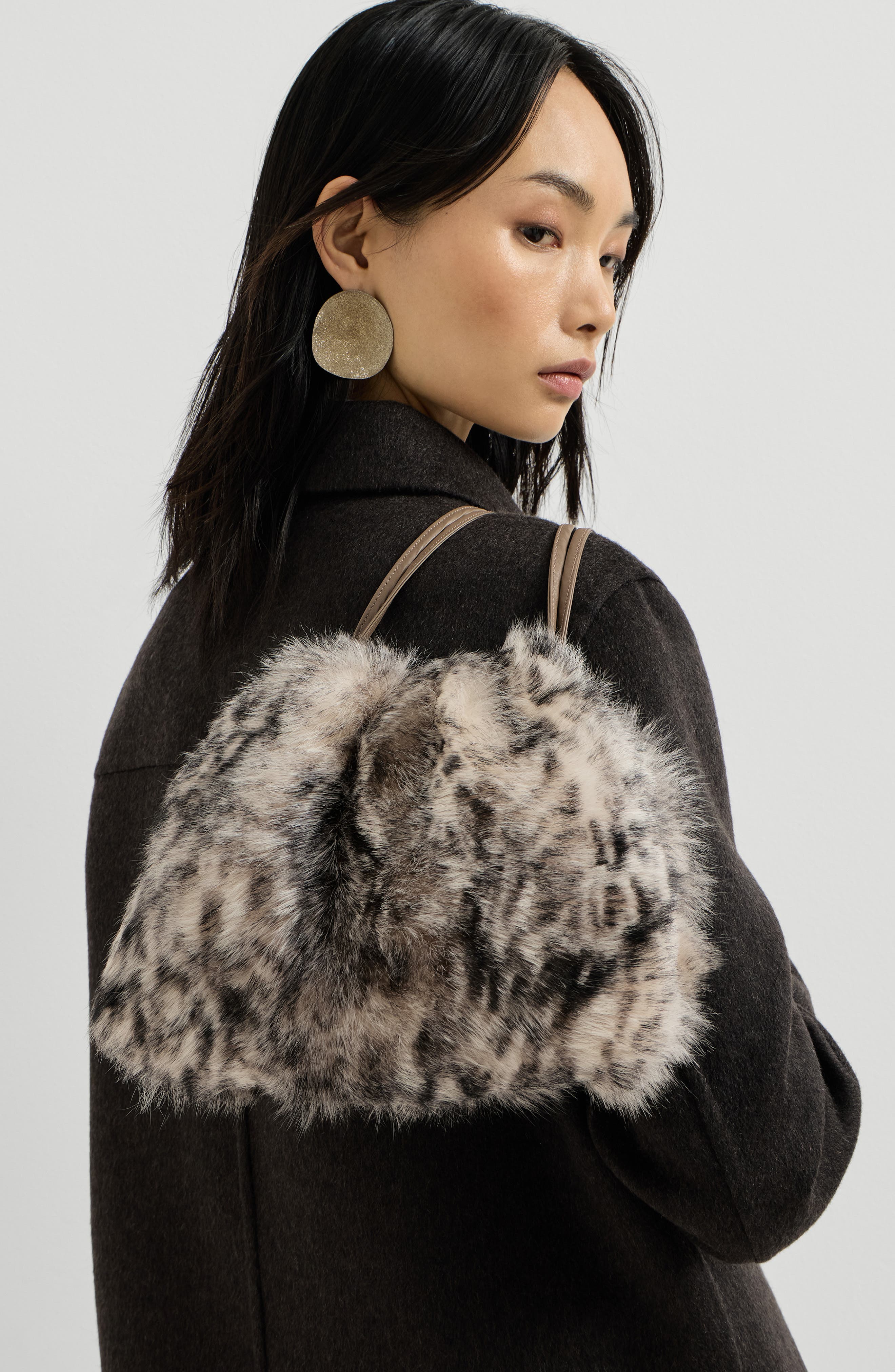 Pouch bag in lynx-effect shearling with monili, Alternate, color, Beige