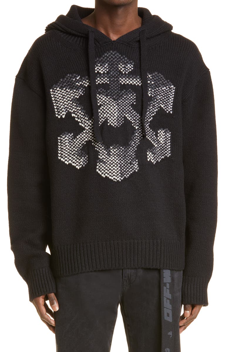 Off-White Intarsia Arrows Wool Blend Hooded Sweater, Main, color, Black Grey