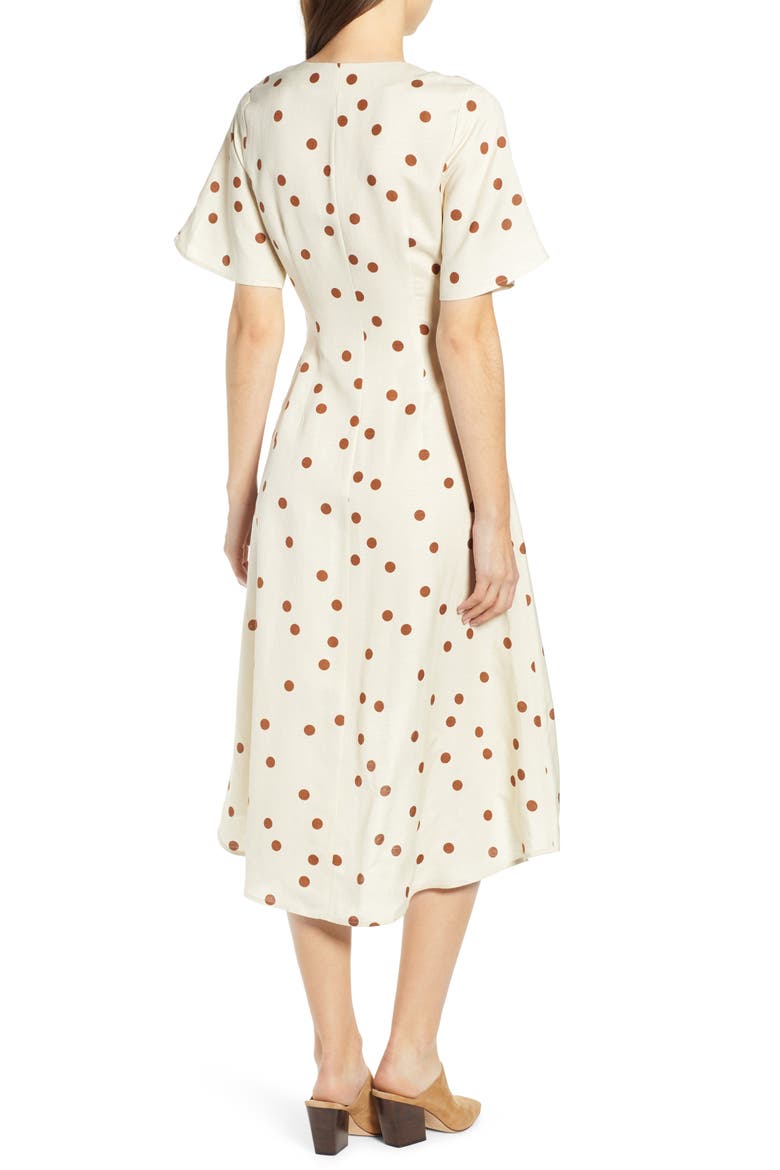 Polka Dot Linen Blend Midi Wrap Dress, Alternate, color, CREAM/ TAN
