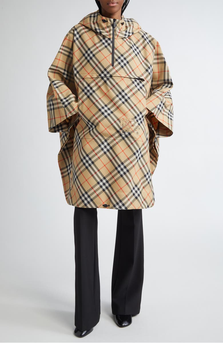 Burberry Check Nylon Poncho, Alternate, color, Sand