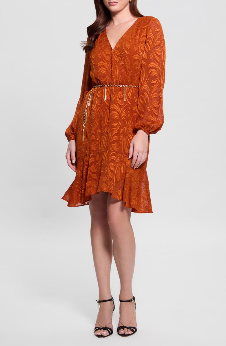 GUESS Deztiny Long Sleeve Dress, Main, color, Hot Caramel