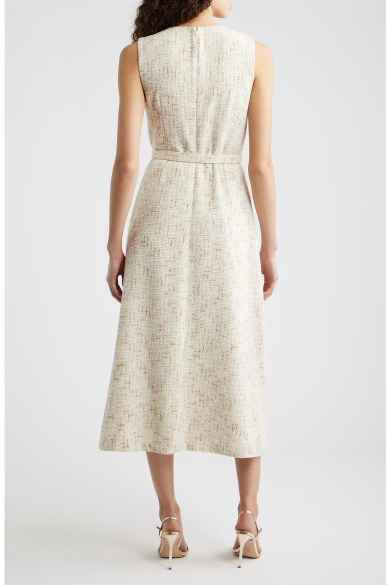 Rosette Belted Tweed Midi Dress, Alternate, color, WHITE DOVE/ LATTE