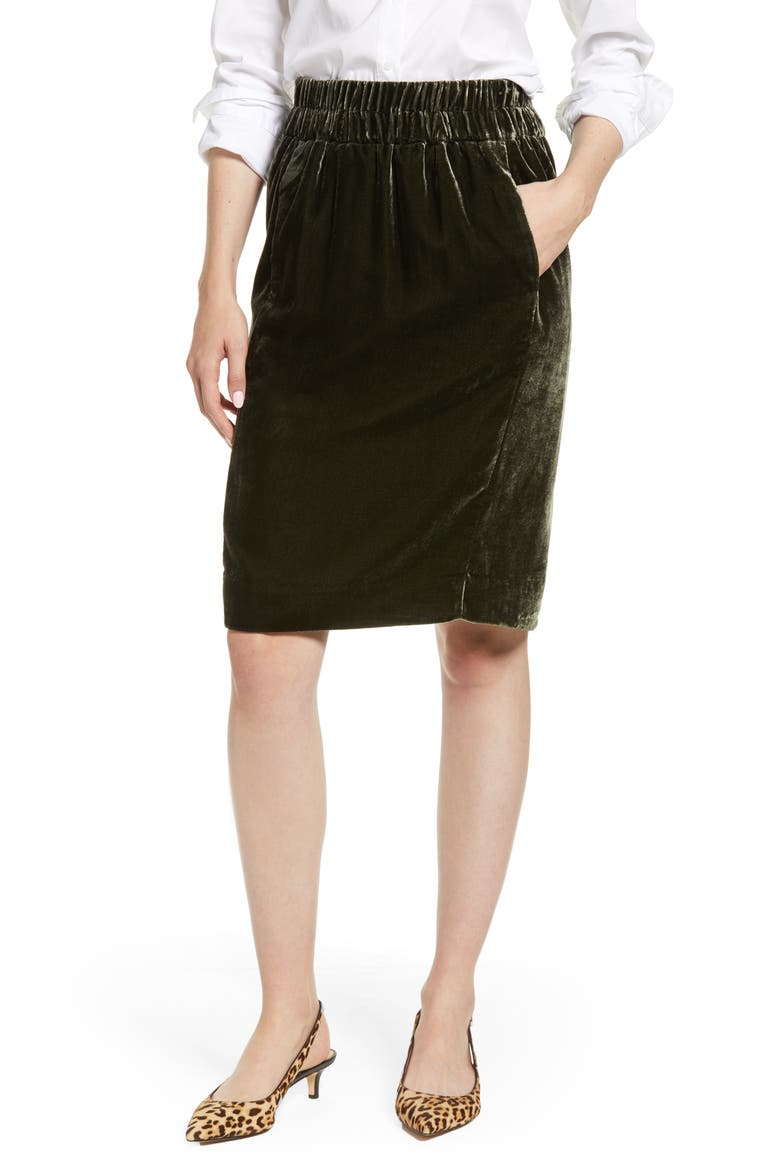 Pull-On Velvet Skirt, Main, color, DARK MOSS