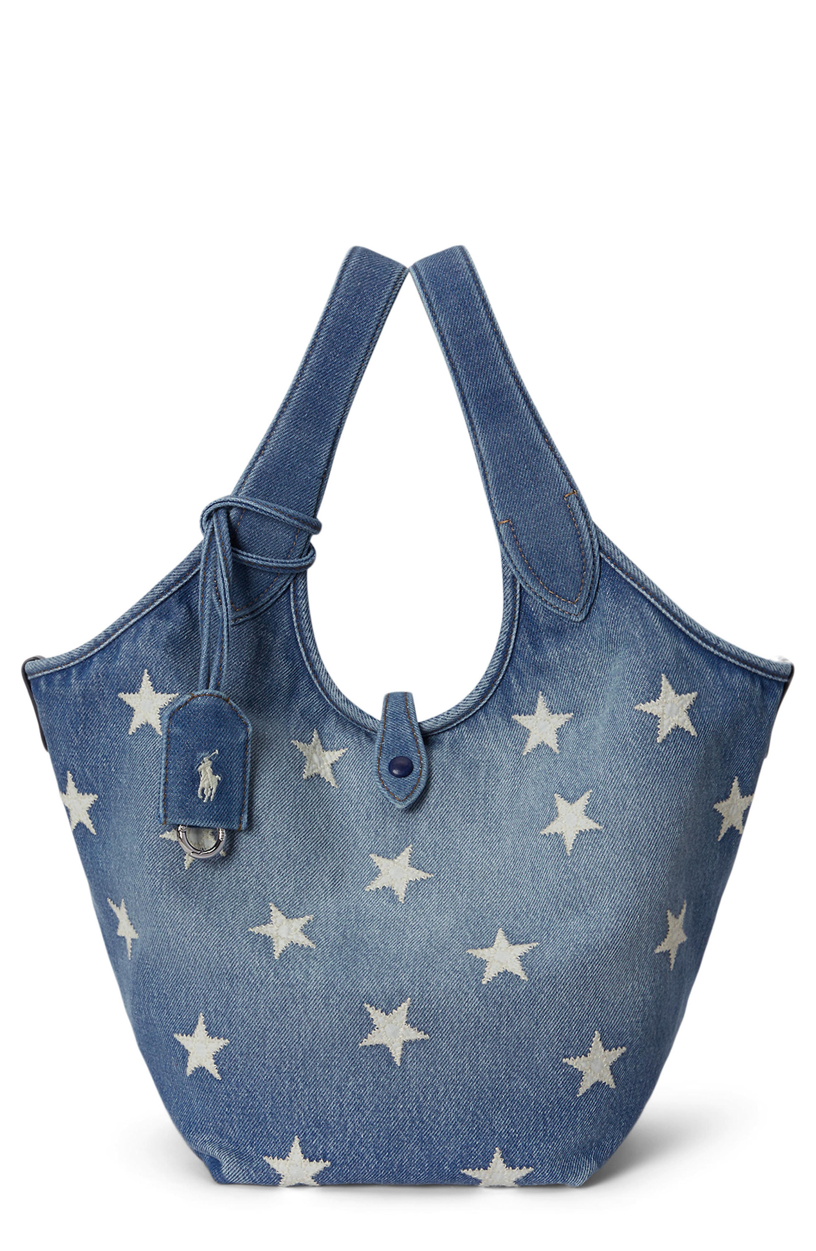 Polo Ralph Lauren Medium Star Print Denim Tote, Main, color, Christy Wash