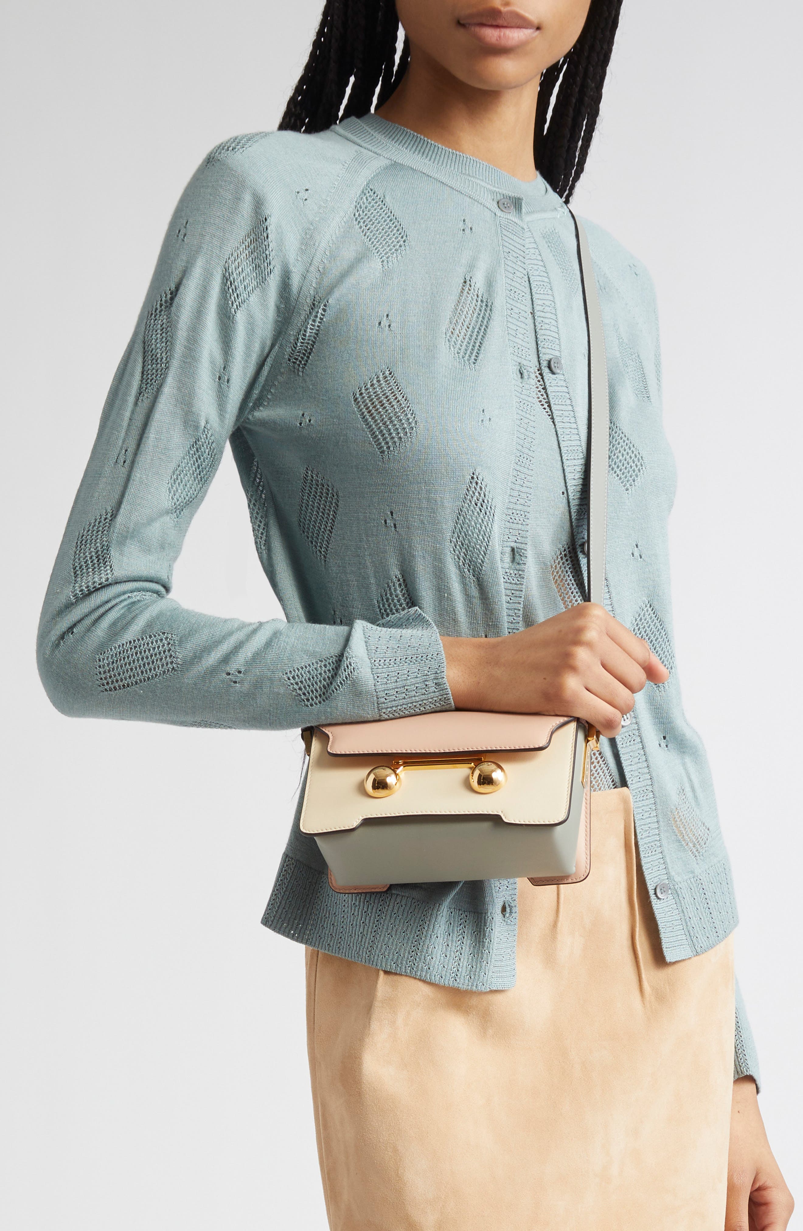 Mini Trunkaroo Colorblock Leather Shoulder Bag, Alternate, color, CAMELIA/SHELL/STORM