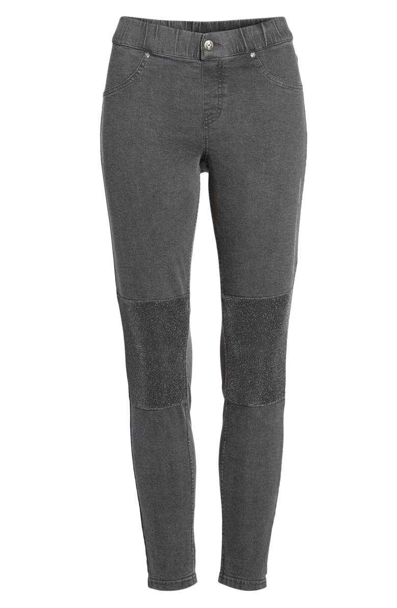 Zeza B by Hue Metallic Knee Patch Denim Skimmer Leggings, Alternate, color, 