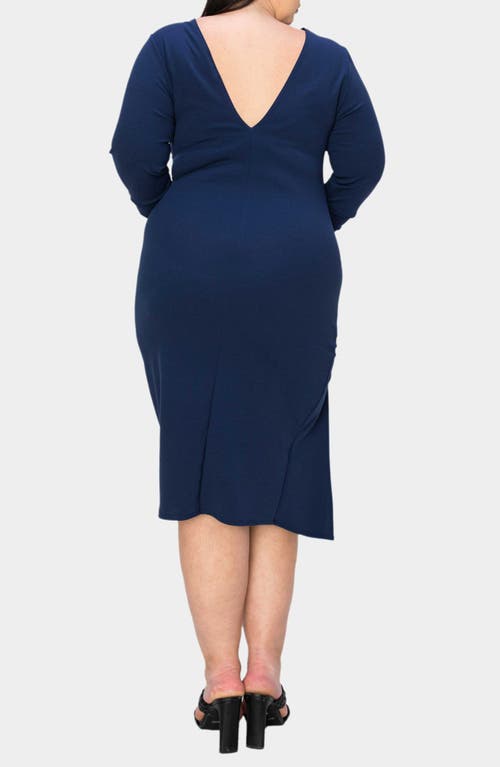 L I V D Bianca Open Back Side Slit Long Sleeve Stretch Dress In Navy