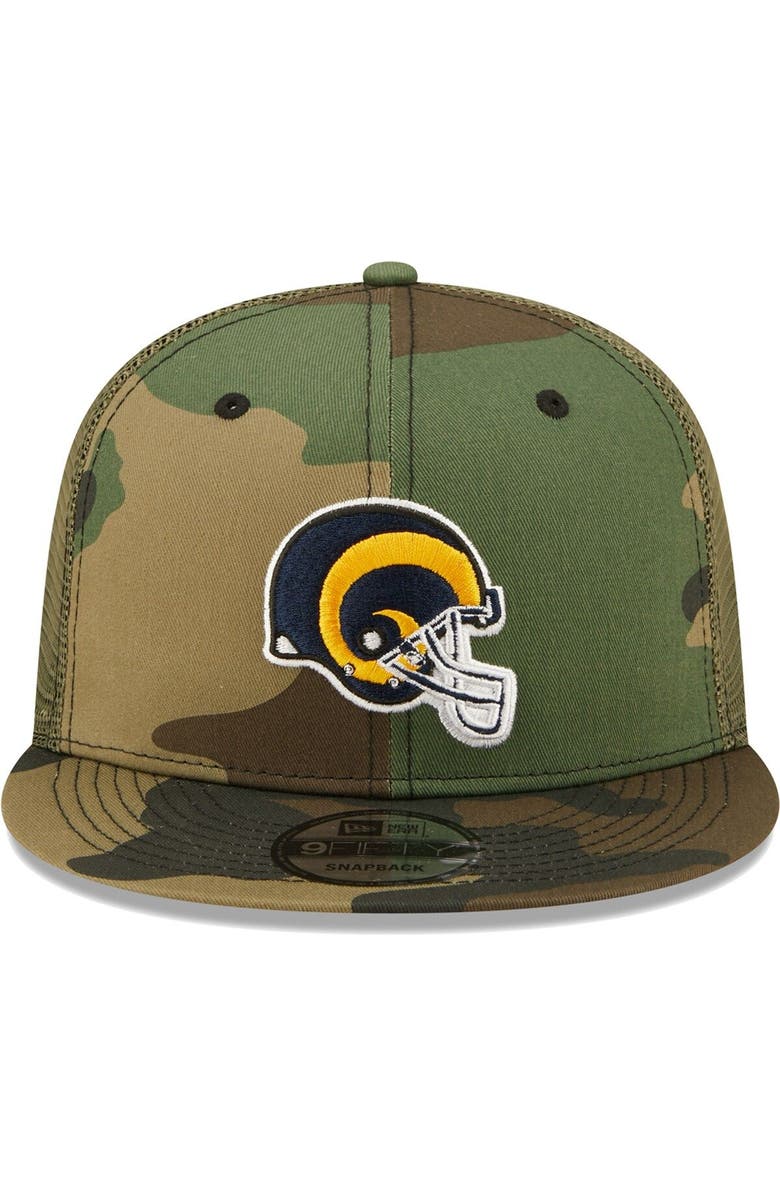 New Era Men's New Era Camo/Olive Los Angeles Rams Historic Logo Trucker 9FIFTY Snapback Hat, Alternate, color, 
