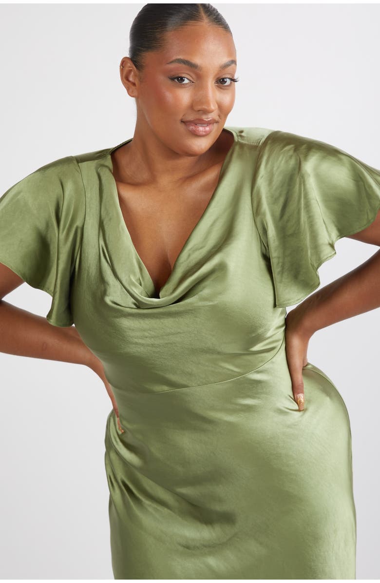 Six Stories Flutter Sleeve Satin Bridesmaid Dress, Alternate, color, Moss Green