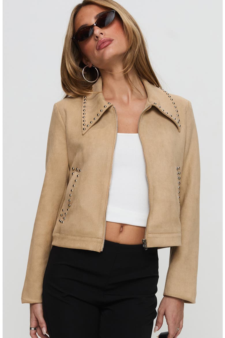Hurleigh Studded Faux Suede Jacket, Alternate, color, BROWN
