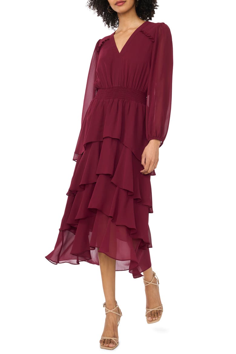 Smocked Waist Long Sleeve Tiered Midi Dress, Main, color, CRISP MERLOT