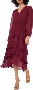 Vince Camuto Smocked Waist Long Sleeve Tiered Midi Dress
