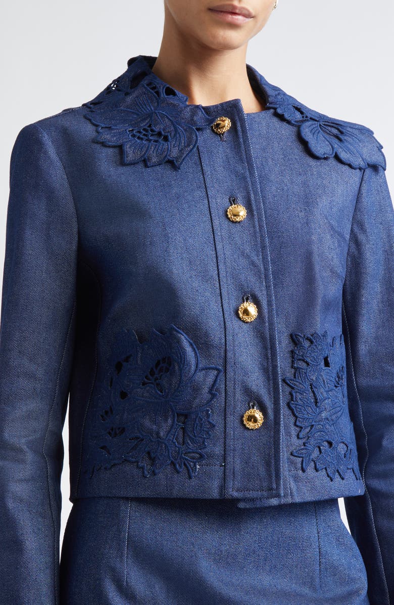 Oscar de la Renta Floral Embroidered Stretch Denim Jacket, Alternate, color, Dark Denim