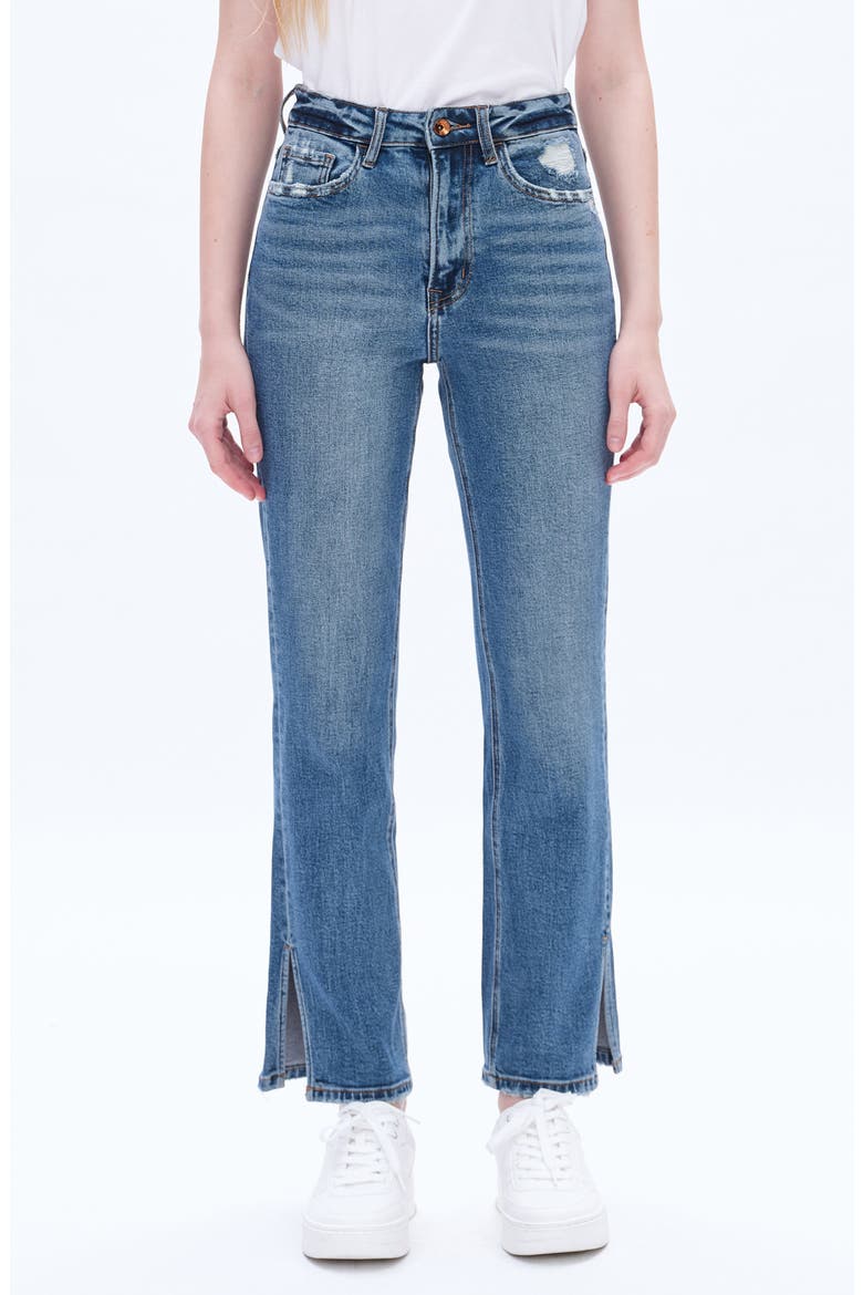 Split Hem Straight Leg Jeans, Main, color, BLUE TEARS