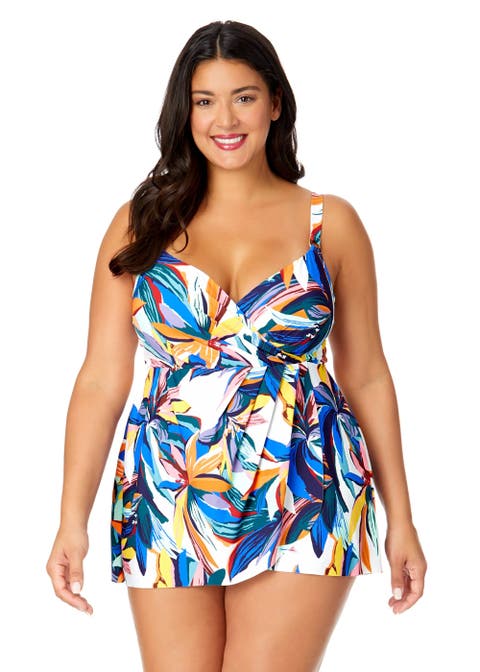 Women's Plus Riviera Floral Swim Dress With Skirted Bottom