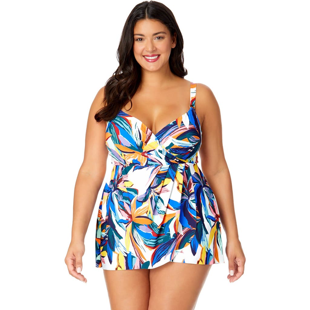Anne Cole Plus Plus Riviera Floral Swim Dress With Skirted Bottom In Riviera Floral