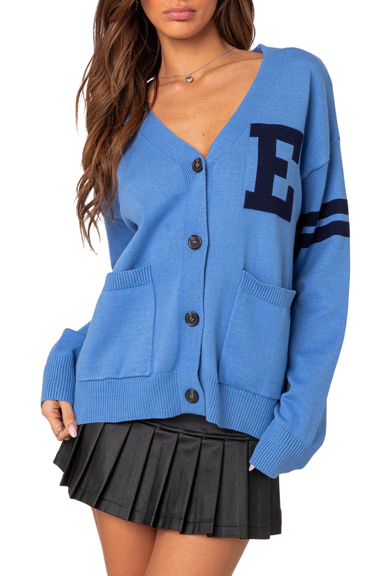 Emmett Oversized Varsity Cardigan, Main, color, BLUE