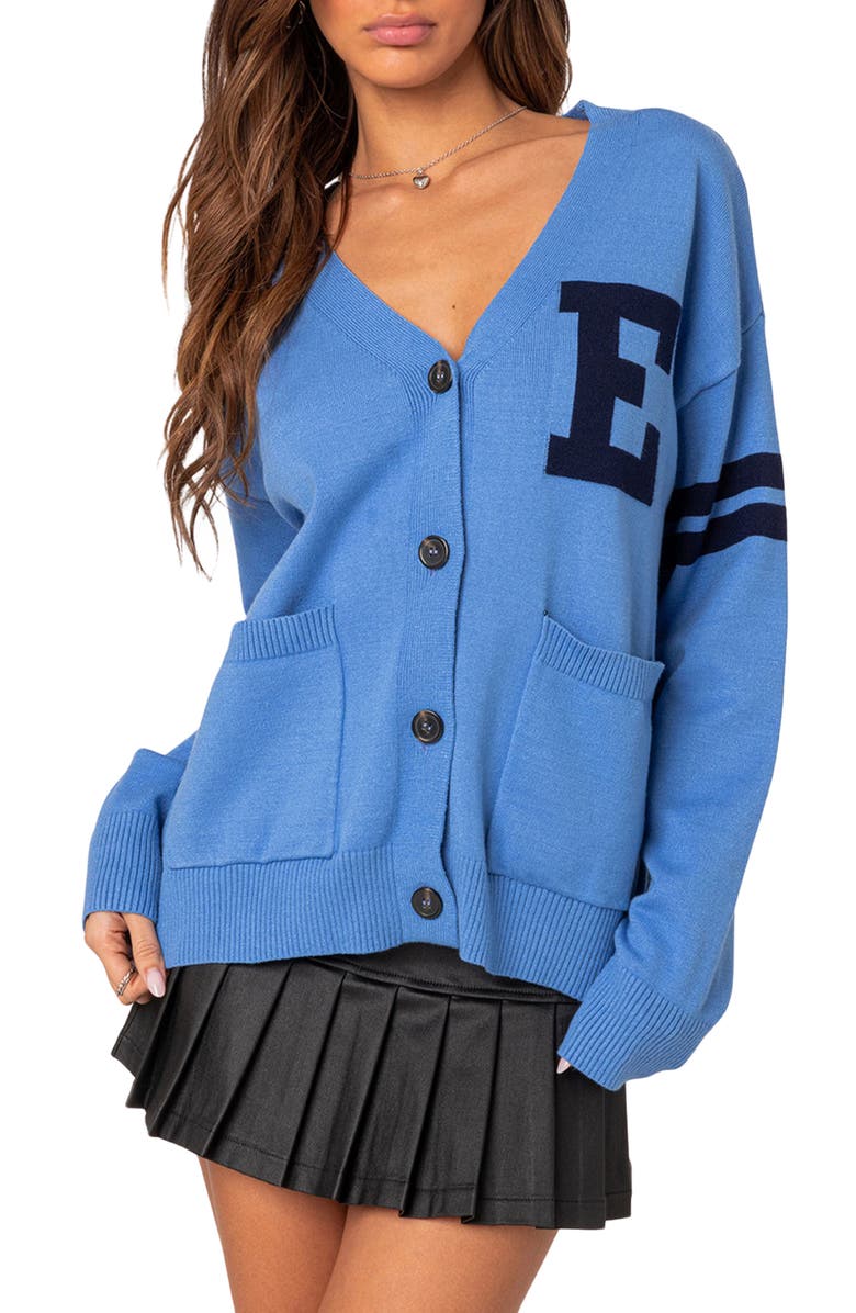 EDIKTED Emmett Oversized Varsity Cardigan, Main, color, Blue