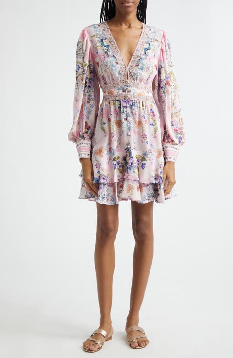 Palatial Pastels Crystal Embellished Long Sleeve Silk Dress
