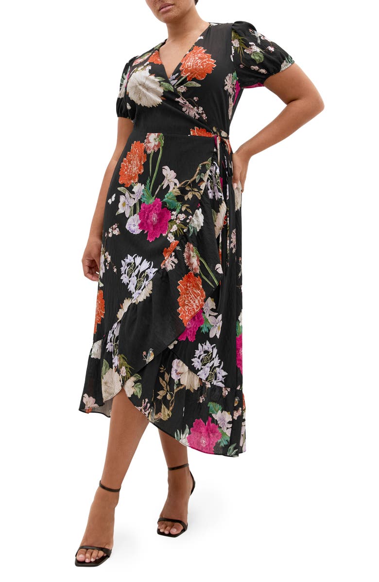 City Chic Belle Floral Print Wrap Dress, Main, color, 