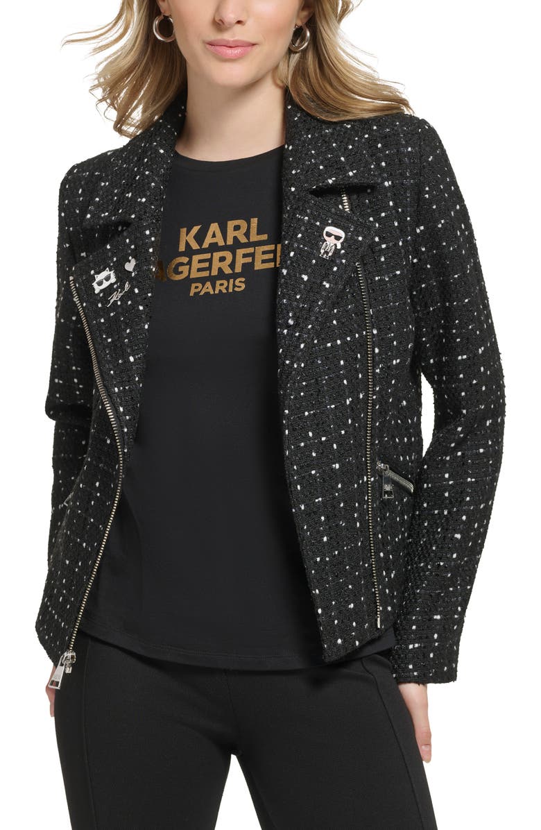 KARL LAGERFELD PARIS Logo Enamel Pin Tweed Moto Jacket, Alternate, color,