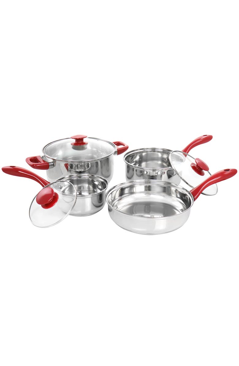 Gibson Home Crawson 7 Piece Stainless Steel Cookware Set in Chrome with Handles, Main, color, Red