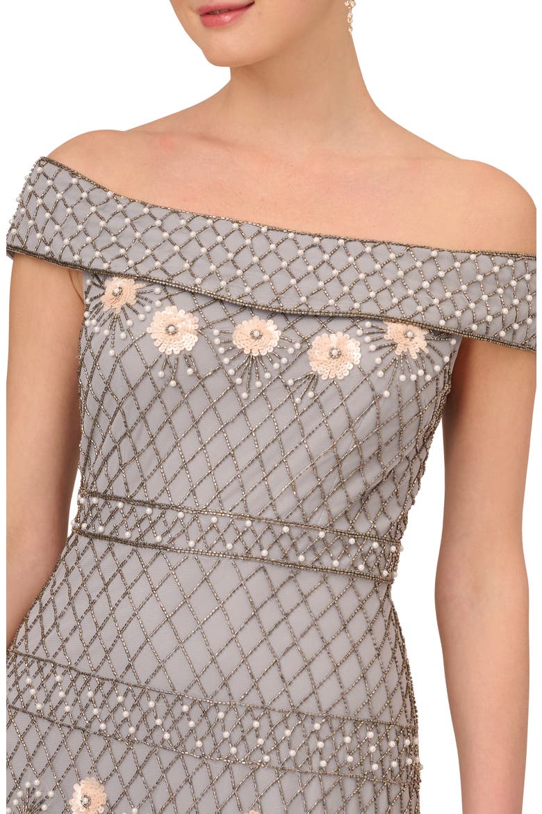 Beaded Off the Shoulder Cocktail Dress, Alternate, color, SILVER MIST