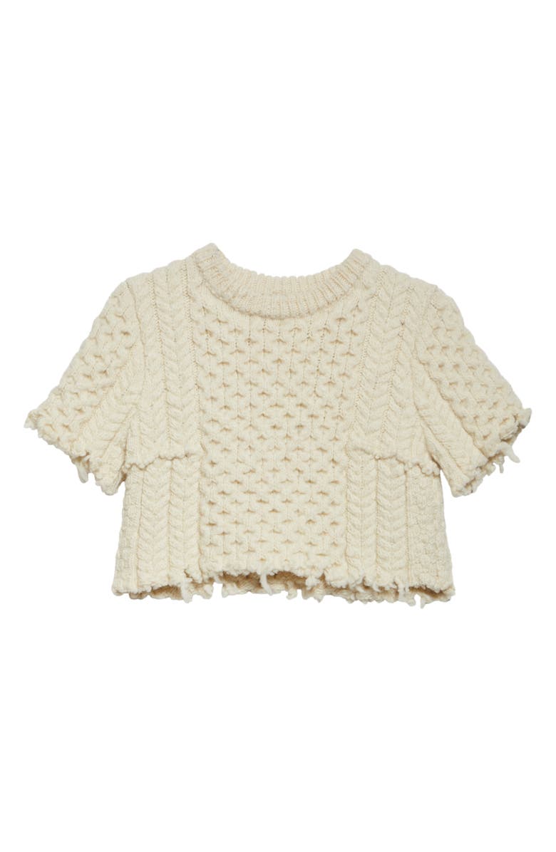 R13 Cutoff Shrunken Fisherman Stitch Wool Sweater, Alternate, color, Cream