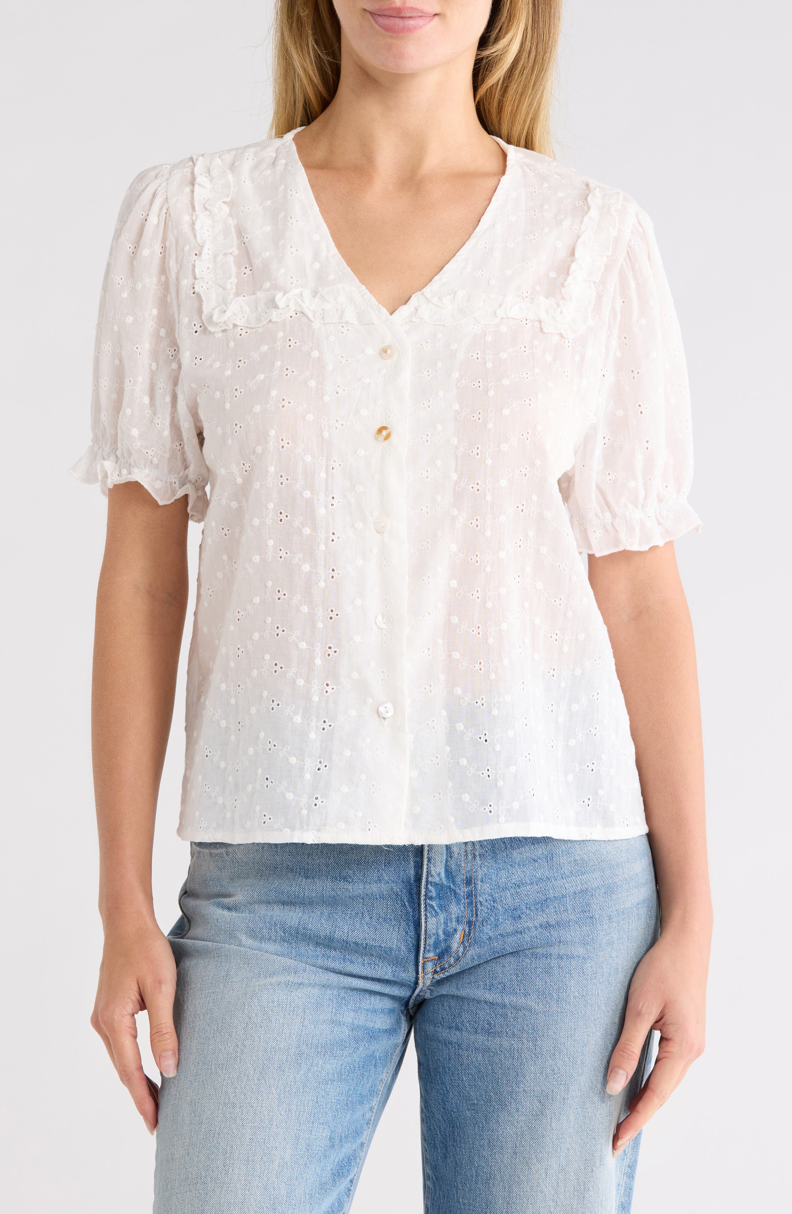 Eyelet Button Front Top with Ruffled Collar