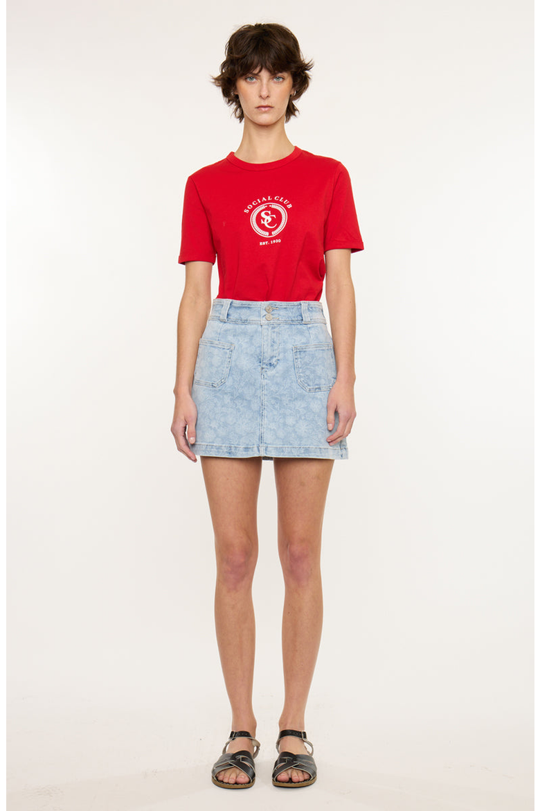 Aria Mid Rise Floral Print Denim Mini Skir, Main, color, Light Wash