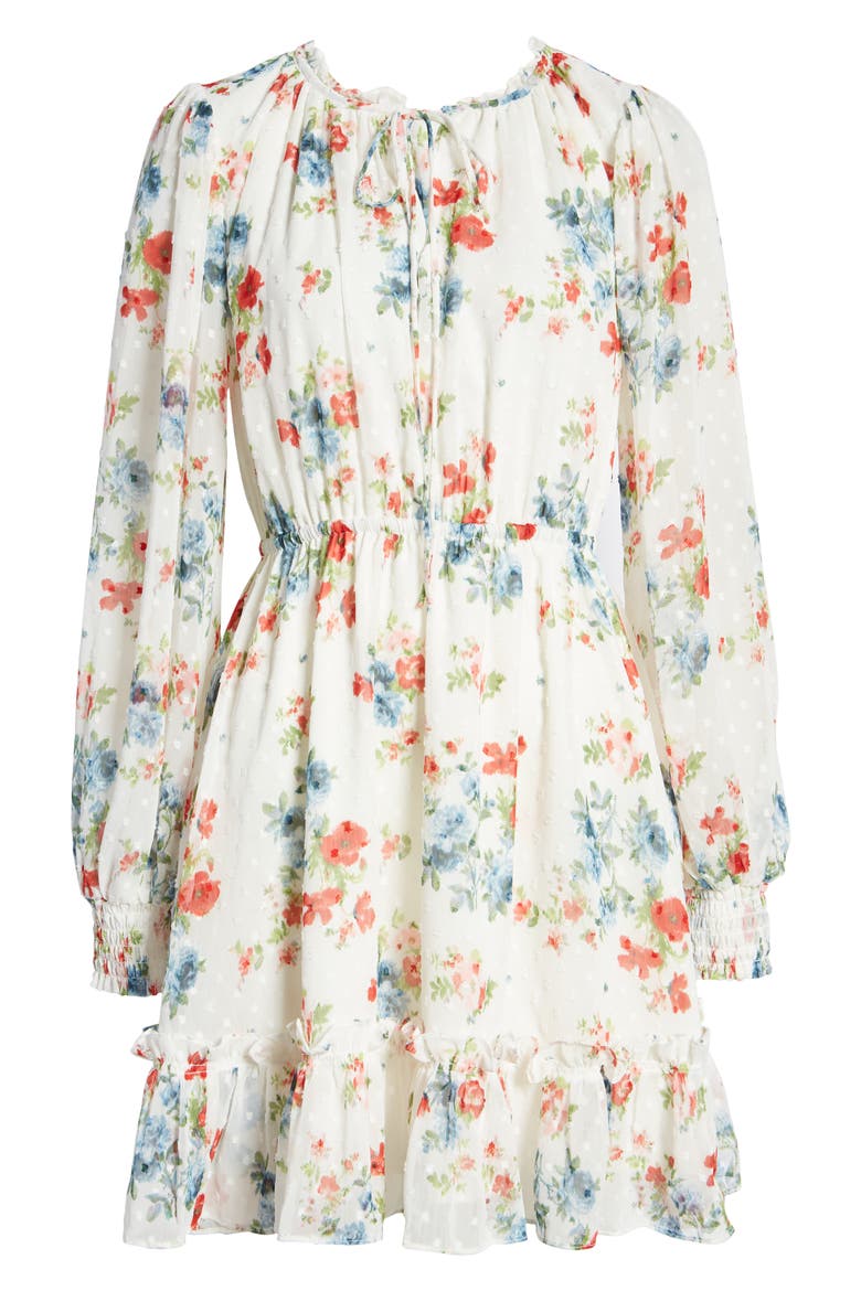 Floral Print Long Sleeve Swiss Dot Dress (Nordstrom Exclusive), Alternate, color, IVORY IKAT BOUQUET