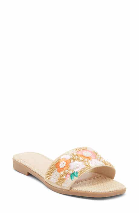 TOP MODA Rae Floral Beaded Raffia Slide Sandal
