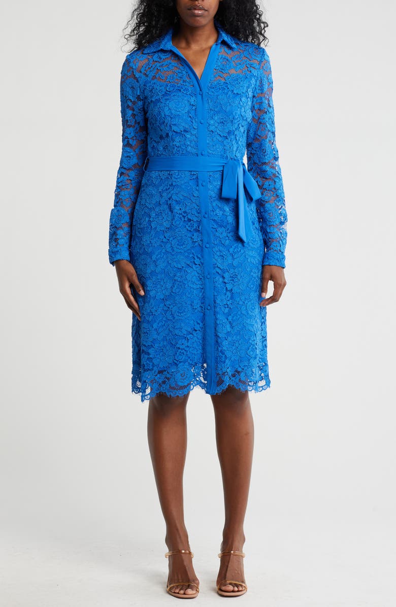 Nanette Lepore Belted Lace Shirtdress, Main, color, Cobalt