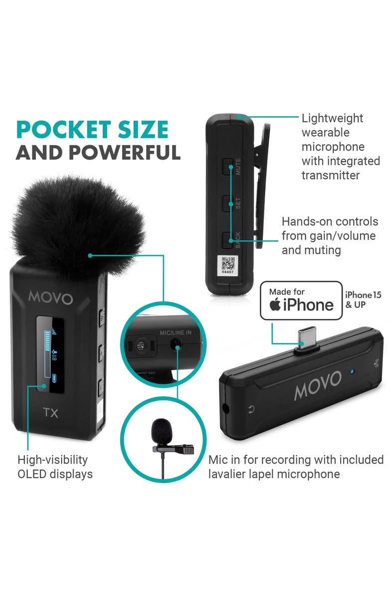 MOVO WMX-2-C-DUO Dual Wireless Lavalier Microphone System with Charging Case for iPhone 15 and up, Alternate, color, Black