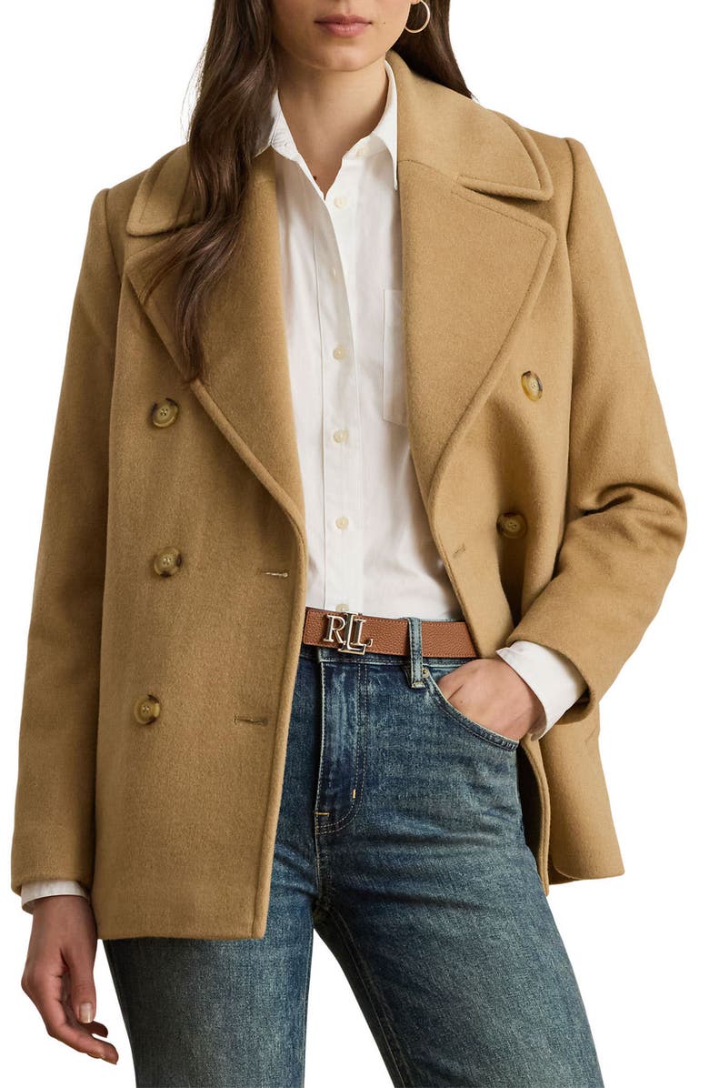 Lauren Ralph Lauren Wool Double Breasted Jacket, Main, color, Camel