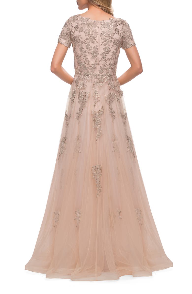 La Femme A Line Tulle and Lace Gown with Short Sleeves, Alternate, color, Nude
