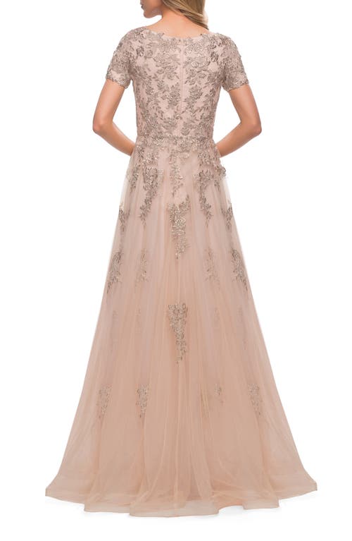 La Femme A Line Tulle And Lace Gown With Short Sleeves In Nude
